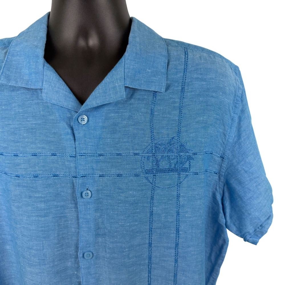 Cubavera Mens XL Blue Linen Cotton Embroidered Short Sleeve Camp Shirt PR5747